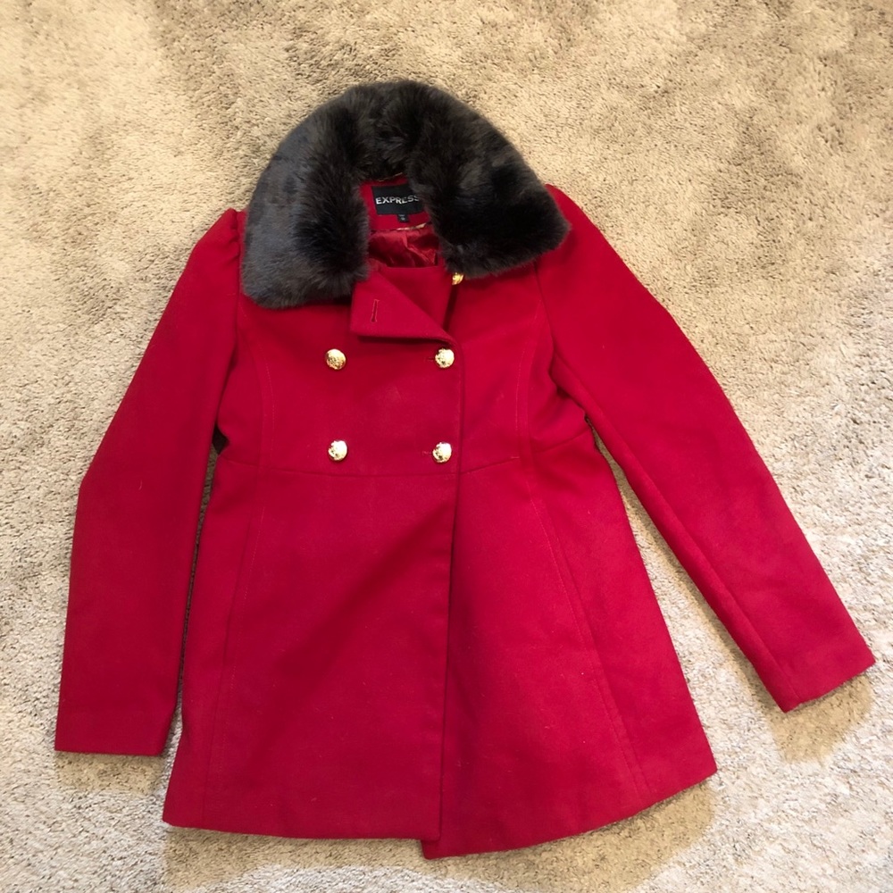 Express- Red Peacoat w black fur